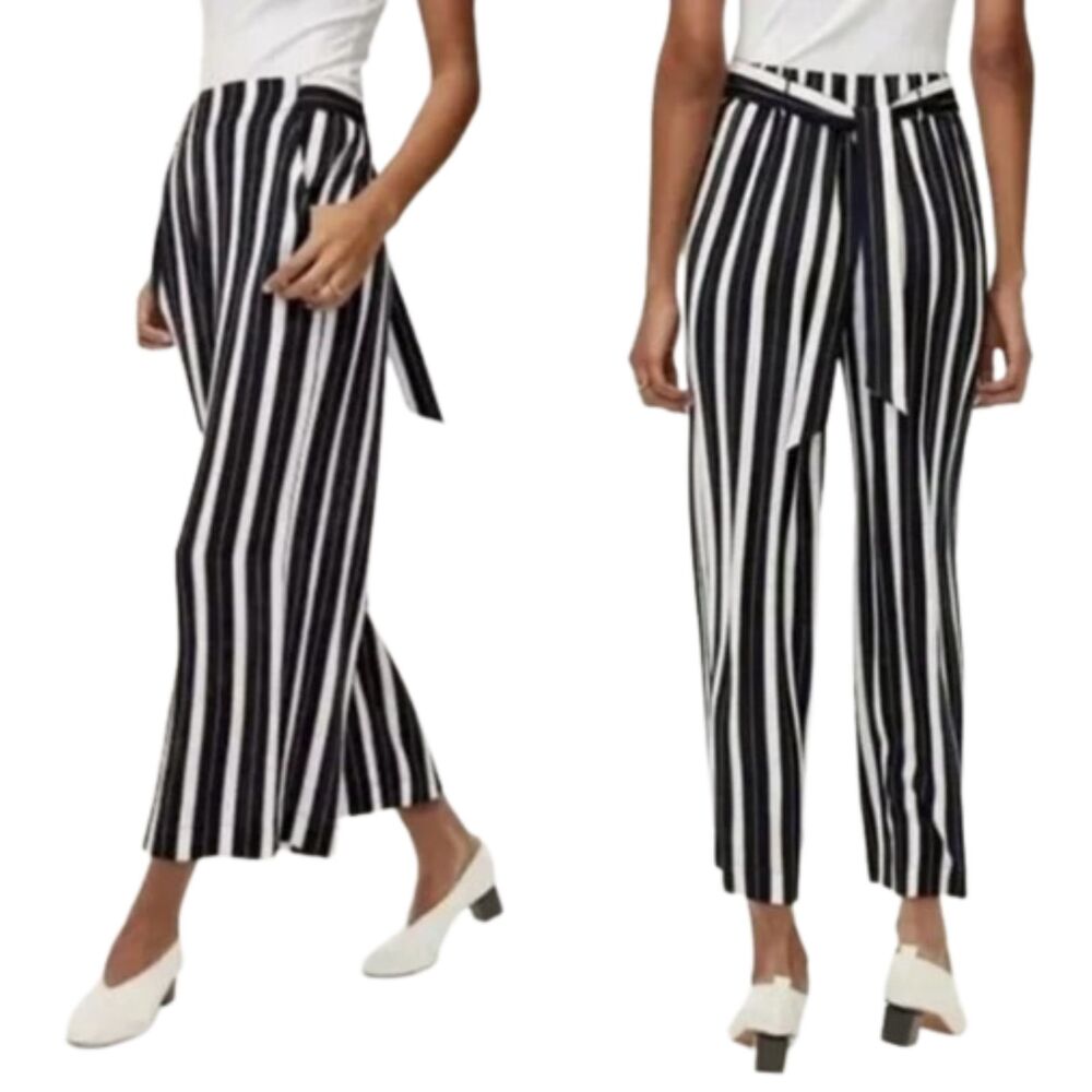 Wilfred Aritzia Faun Striped Wide Leg Pants Navy White Tie Waist Crop Size 4
